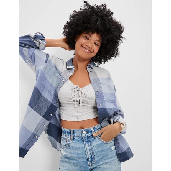 American Eagle Oversized Blue Plaid Flannel Shacket Shirt Jacket Snap Front - Picture 1 of 10